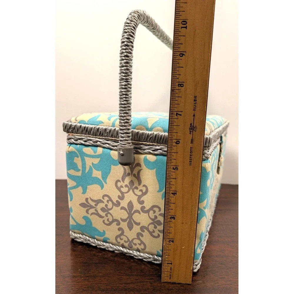 Fabric Sewing Basket Box Aqua Gray Damask Padded Lid Handle Craft Storage Notion